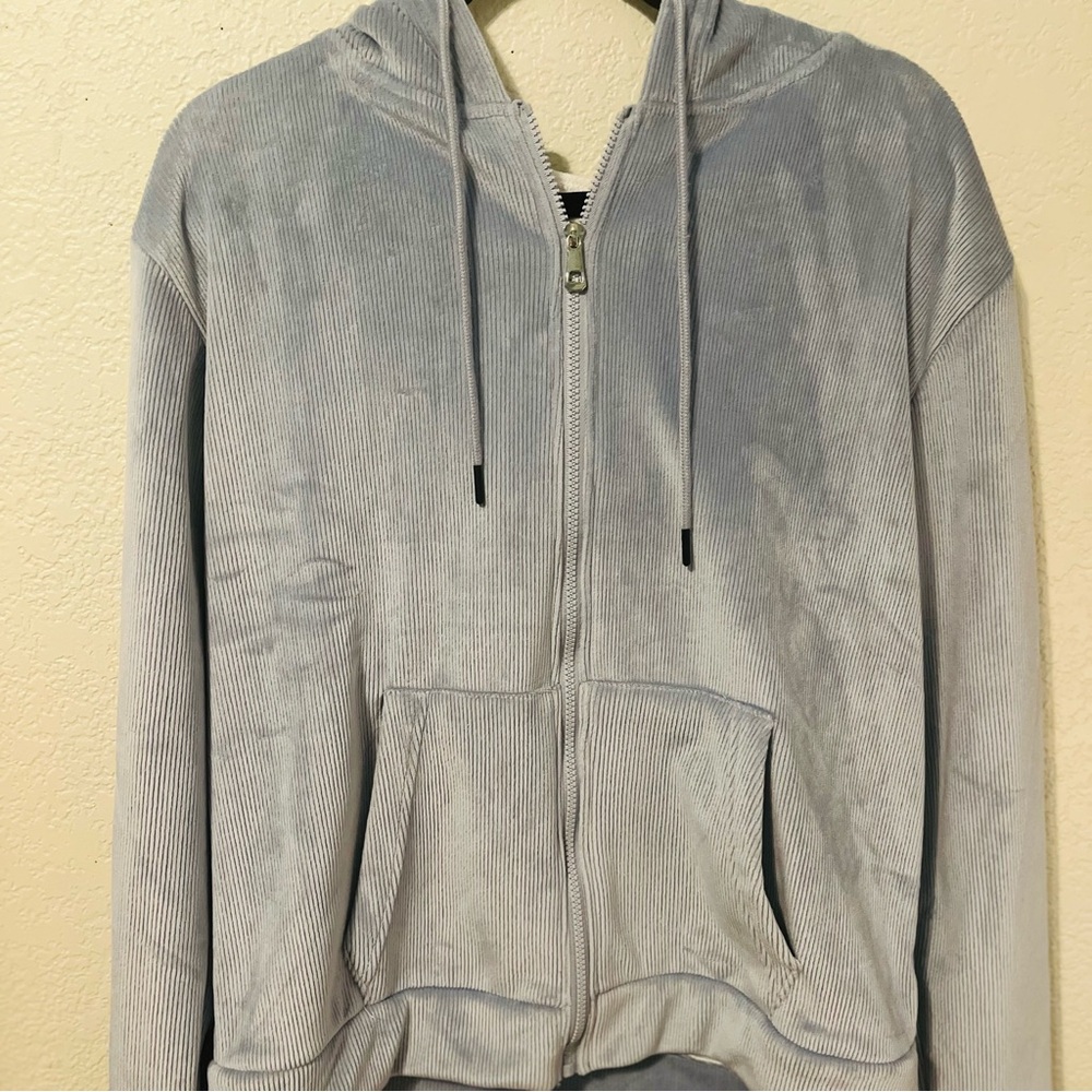 Women's Light Blue Velvet Hooded Jacket